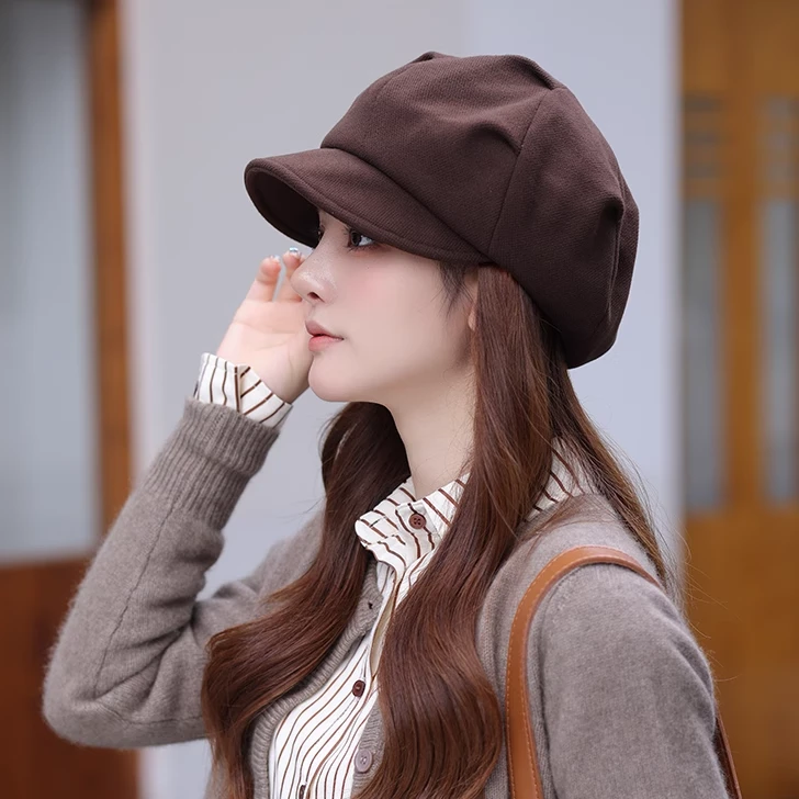 小众褶皱鸭舌贝雷帽女春秋时尚显脸小云朵帽英伦复古八角报童帽XF