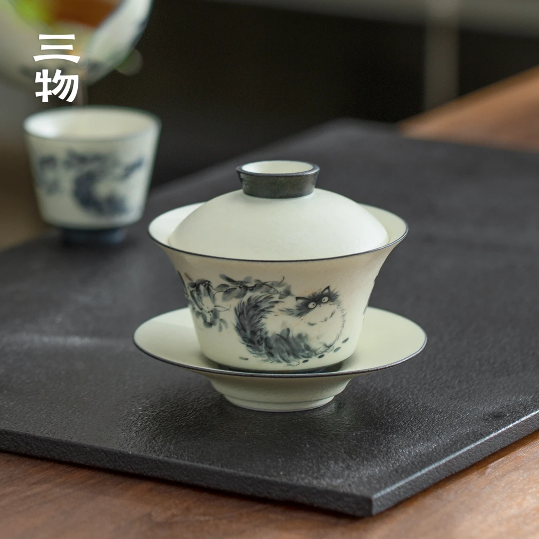 福猫马蹄盖碗陶瓷家用轻奢功夫茶具泡茶器简约带盖日式