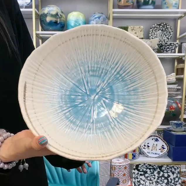 【单支】日本进口美浓烧仁峰彫十草型大钵23.5cm×22.5cm-冰霜