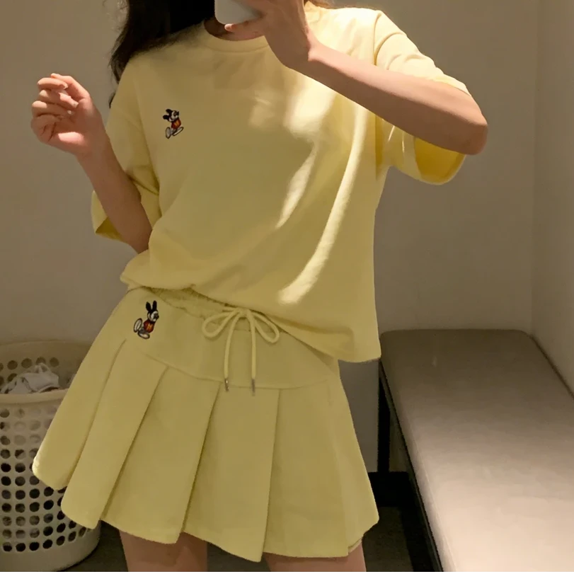 【刘叮铃专属】夏季新款米奇刺绣宽松短袖半身裙套装女减龄休闲2069