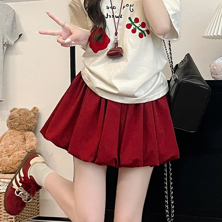 大码胖mm松紧腰红色蓬蓬花苞短裙防走光女a字小个子半身裙裙裤夏