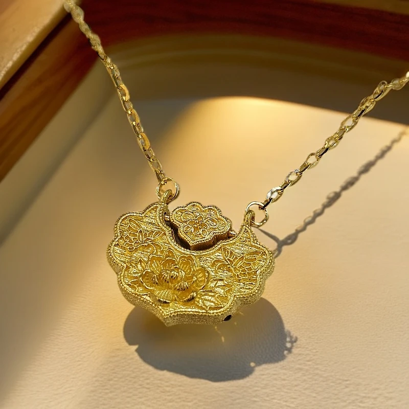 《三狼》足金9999立体荷花蝴蝶锦鲤锁套链M扣时尚经典款轻奢简约