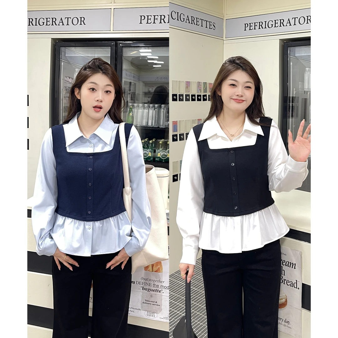 裂渡宣宣【黑白解构】微胖大码女秋百搭显瘦假两件收腰小衫ZY508A20