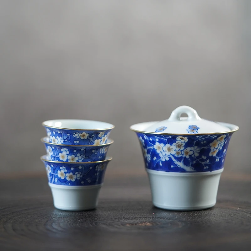 华隐堂陶瓷套组 手工手绘青花冰梅盖碗主人杯 景德镇复古茶具