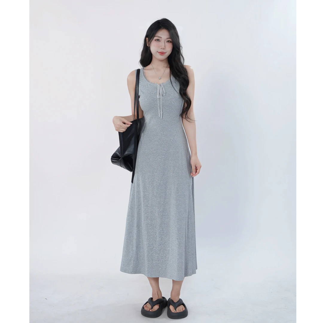 三福春夏季新款时尚简约气质花灰色百搭长款连衣裙女503461