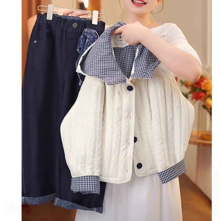 女童夹棉绗棉外套2025新款秋冬加厚二棉连帽格子拼色棉服保暖深秋