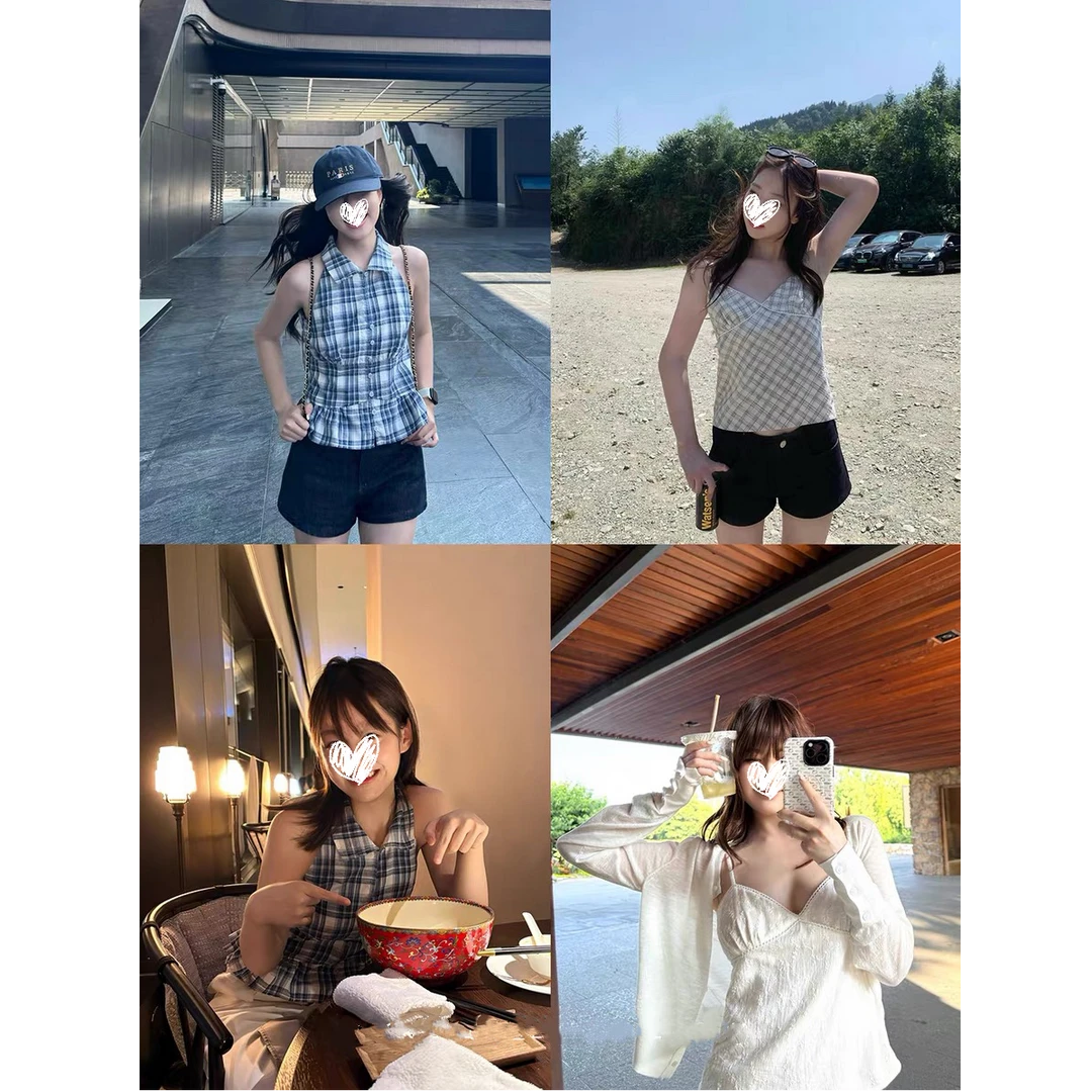 夏季美式格纹背心泡泡格纯欲刺绣小白花修身吊带上衣新款