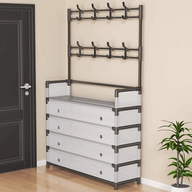 鞋柜门口多层家用入户衣帽架收纳鞋架子一体碳钢多功能简易鞋架子