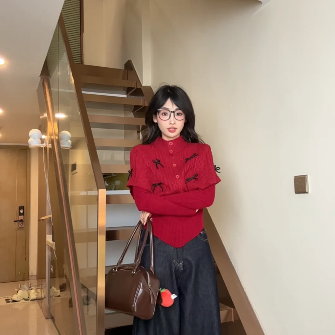 蝴蝶结针织衫小众叠穿披肩斗蓬上衣女冬季燕麦色修身别致独特毛衣