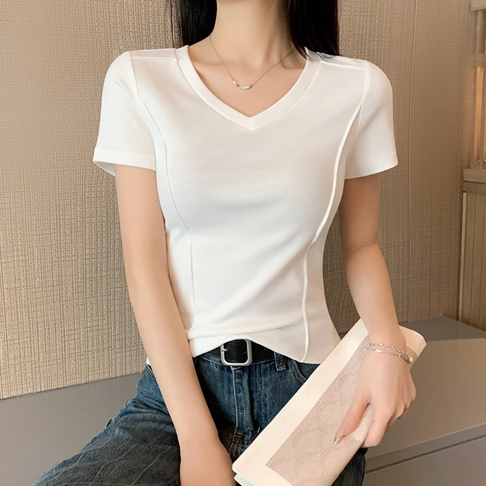雪沐影2025夏季白V领鱼骨正肩显瘦短袖t恤女修身设计感穿搭上衣