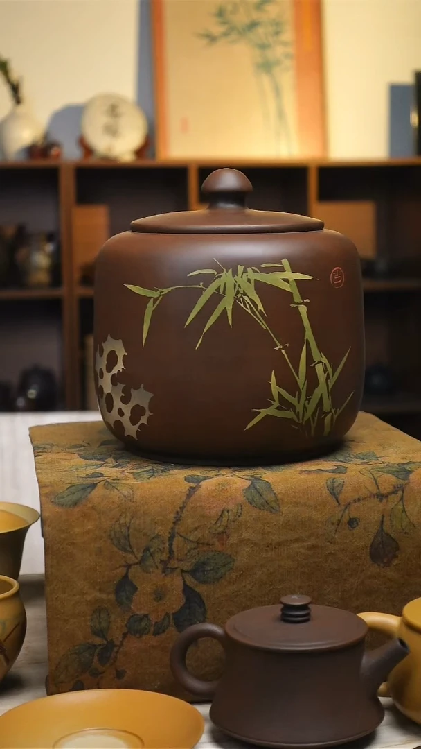 骨瓷建水紫陶醒茶叶罐竹子