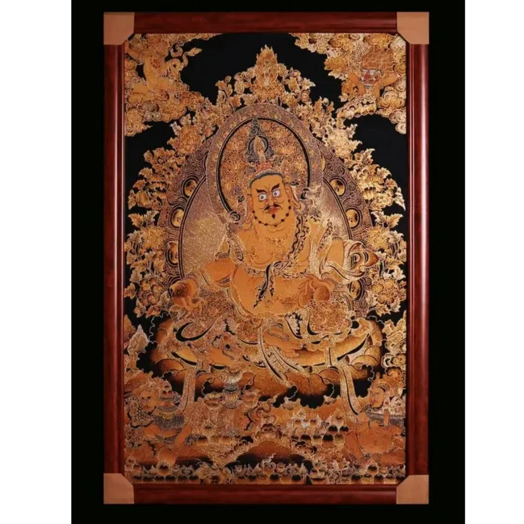 藏传黄财神唐卡刺绣装饰画