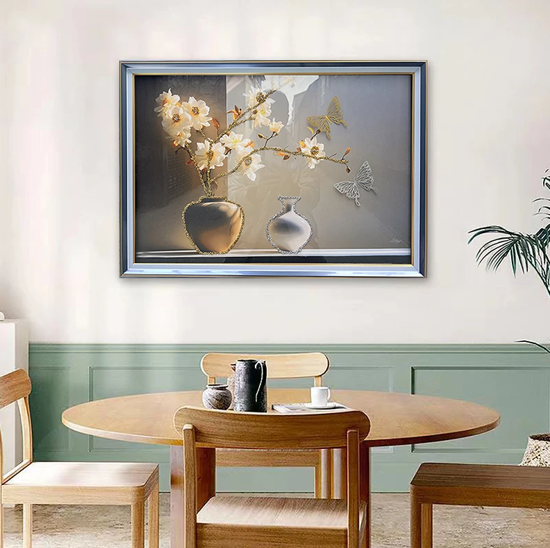 x12花开蝴蝶现代简约背景墙装饰画卧室挂厅餐厅壁单太阳花玻璃装