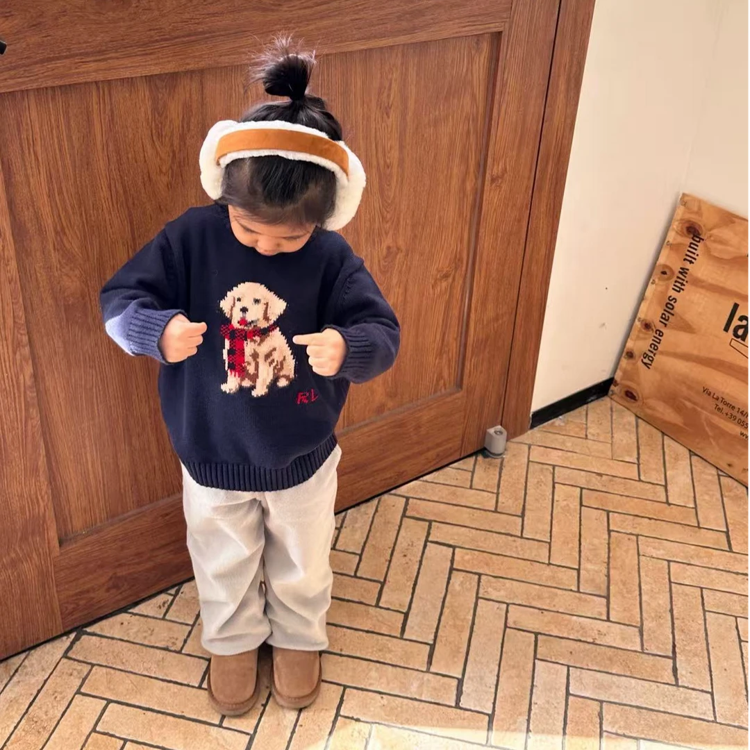 小思家2025冬季新款韩版休闲风可爱套头毛衣纯色直筒裤女童套装