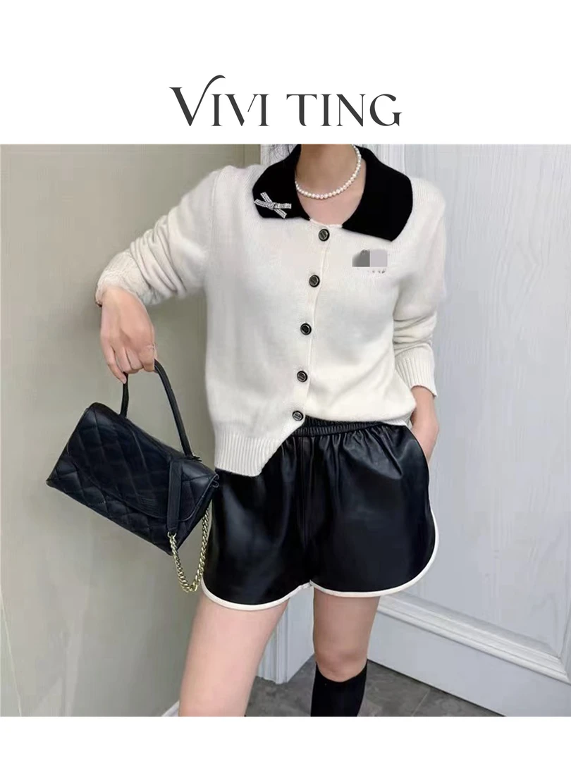 【VIVI·TING】婷姐推荐小香风Polo领镶钻字母蝴蝶结单排扣毛衣开衫