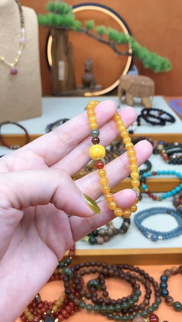 未镶嵌蜜蜡手链单圈蜜蜡和田南红手串