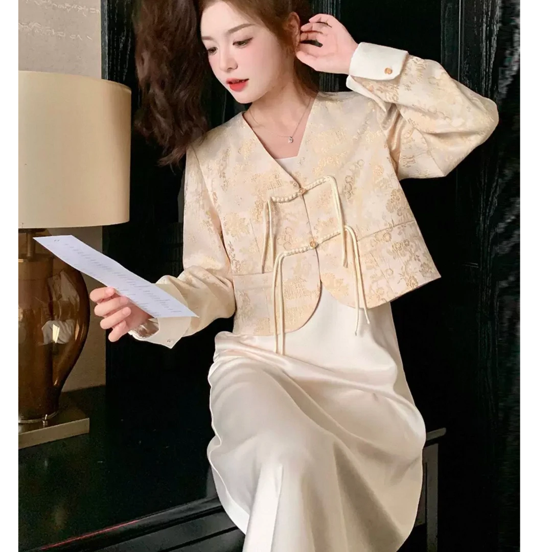 【张张定制】春夏款新款国风提花显瘦暗纹提花吊带两件套2565