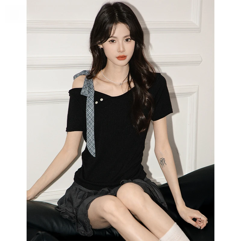 斜领系带蝴蝶结短袖T恤女2025夏季新款性感收腰修身上衣