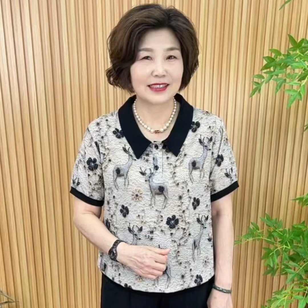 休闲风轻职风短款时尚中老年女装洋气宽松显瘦短袖V6368-7