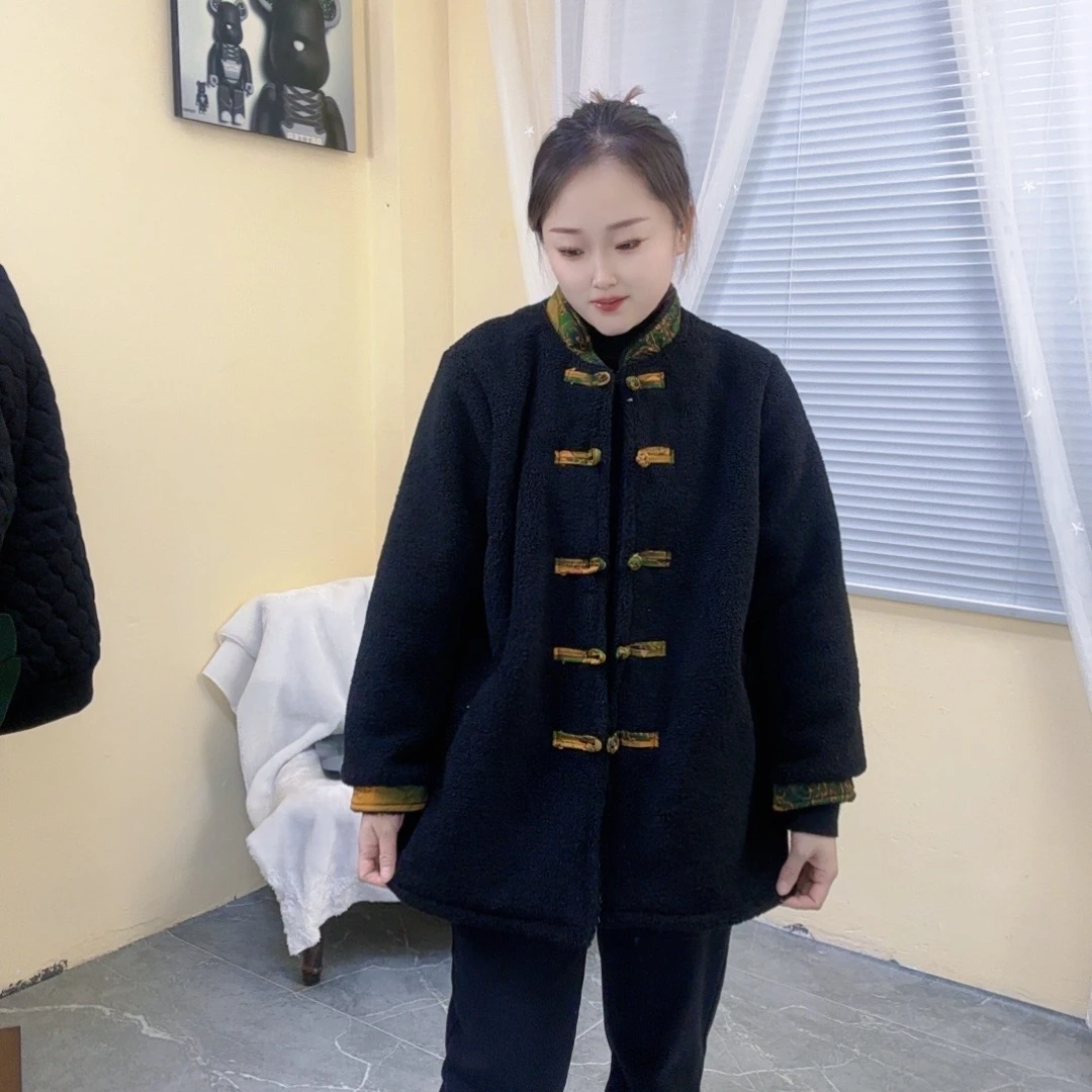 冬季大码国风中式摇粒绒立领保暖时尚复古加厚中国风民族风外套