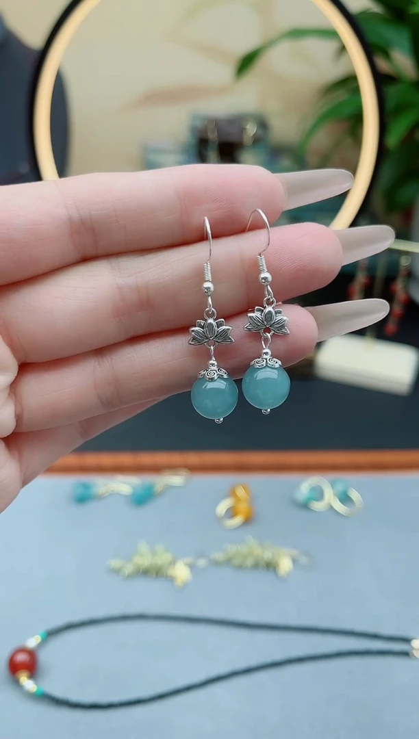 石英质玉（天山翠）银S925镶嵌耳饰01