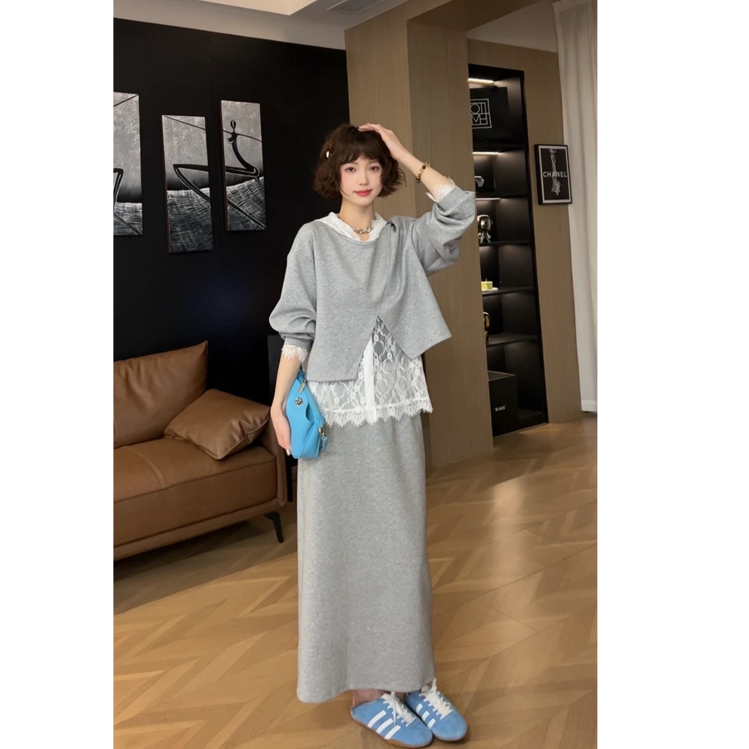 3.12【薇薇绮】设计款套头卫衣蕾丝连帽打底半身裙三件套装 D115