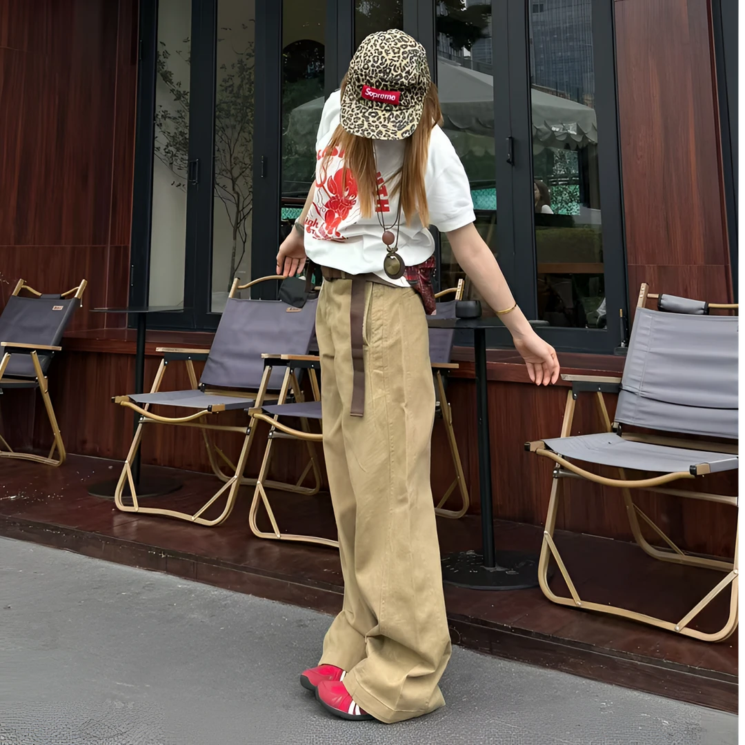 阿渔快跑春夏美式复古宽松直筒休闲裤女遮肉显瘦阔腿工装裤CLEAN