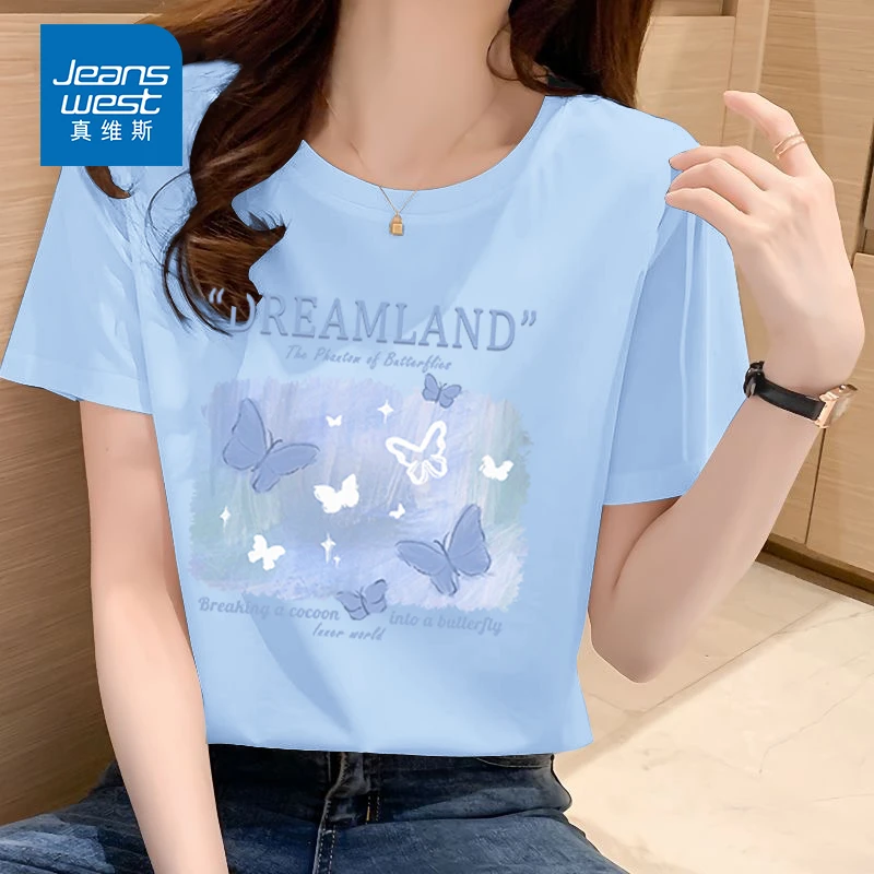 真维斯洋气衣服女夏季新款2025爆款纯棉正肩蓝色圆领短袖t恤衫