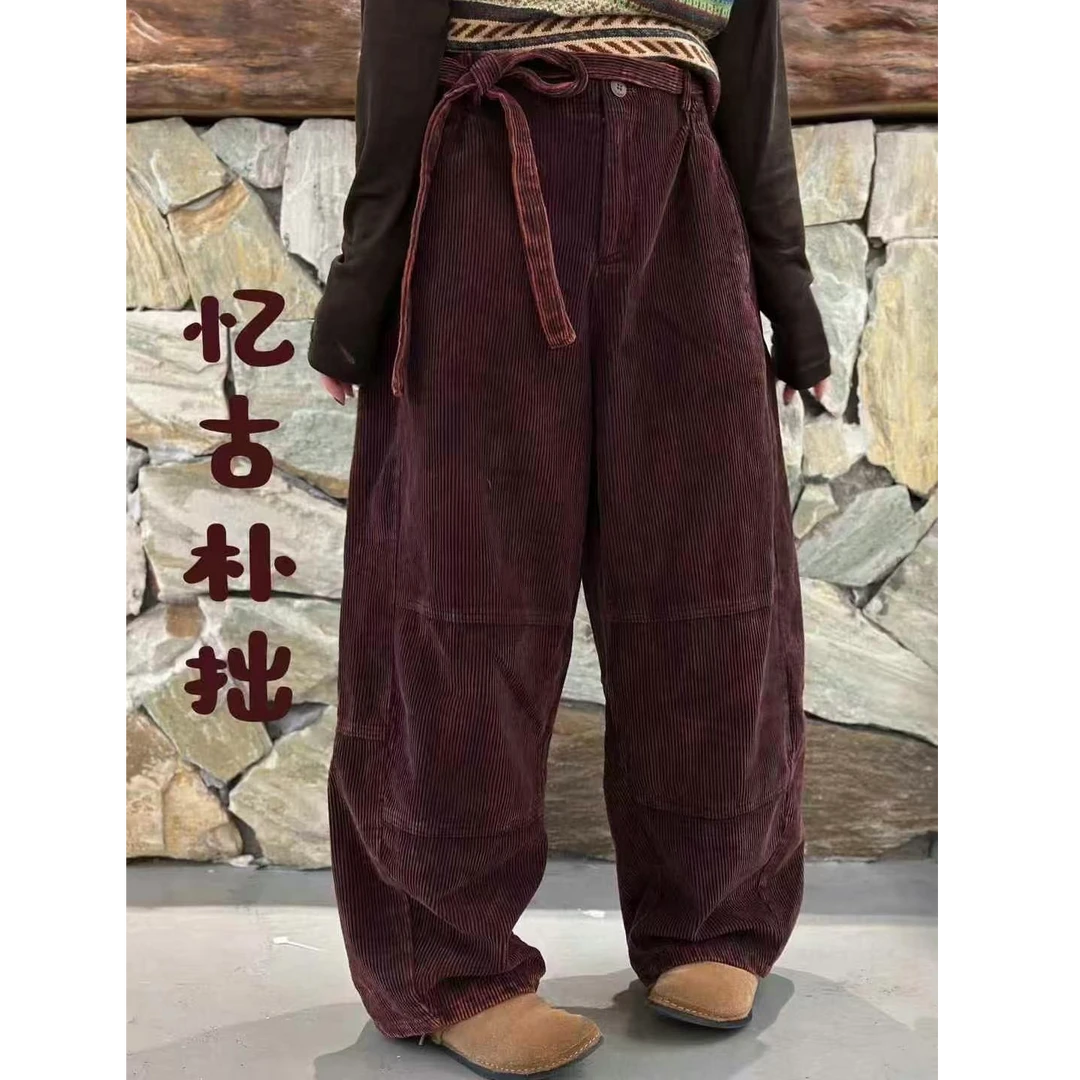 忆古朴拙241128纯棉双层腰带款休闲裤复古百搭灯芯绒宽松直筒裤