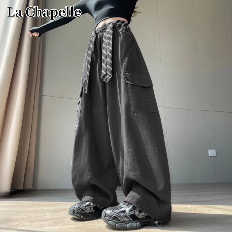 拉夏贝尔美式阔腿束脚工装裤女高腰显瘦设计感宽松休闲系带弯刀裤