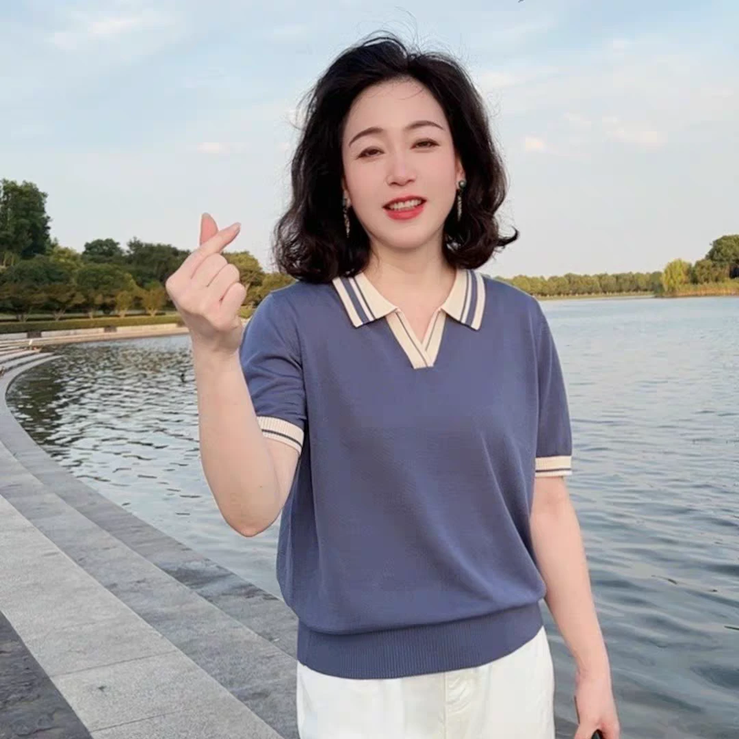 2025新款大码女士上衣翻领短袖T恤宽松减龄百搭针织衫中年妈妈装