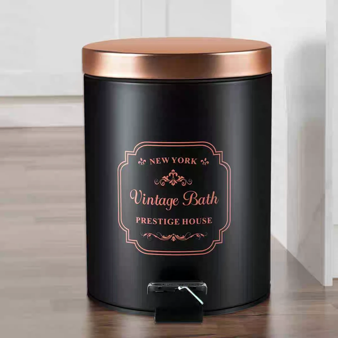 跨境5L黑身金盖印花垃圾桶家用脚踏开盖内外桶清洁桶踩踏带盖纸篓