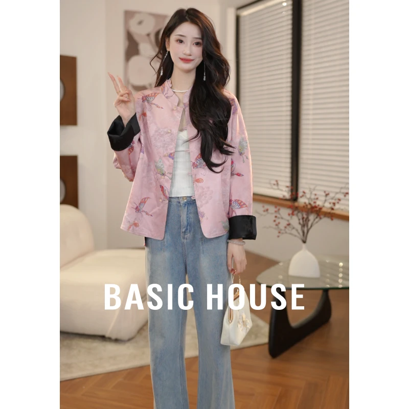 Basic House/百家好新中式开襟秋季短外套设计感印花B1195B5X492