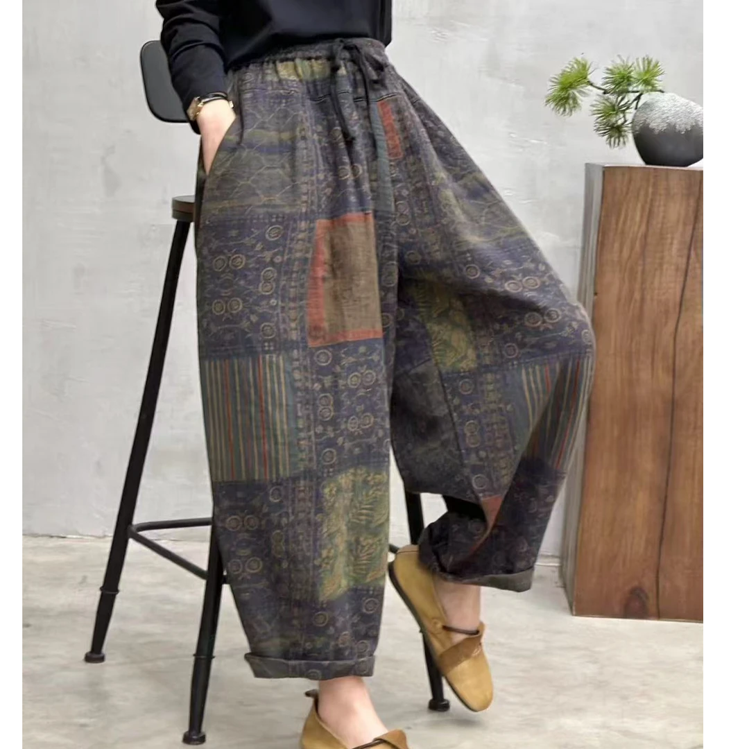 春季新款复古民族棉麻印花南瓜宽松大码休闲遮肉老爹裤女