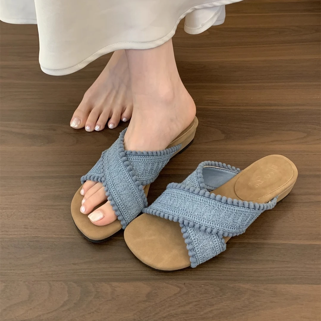 波西米亚拖鞋女夏外穿新款复古编织度假仙女风沙滩鞋坡跟厚底凉拖