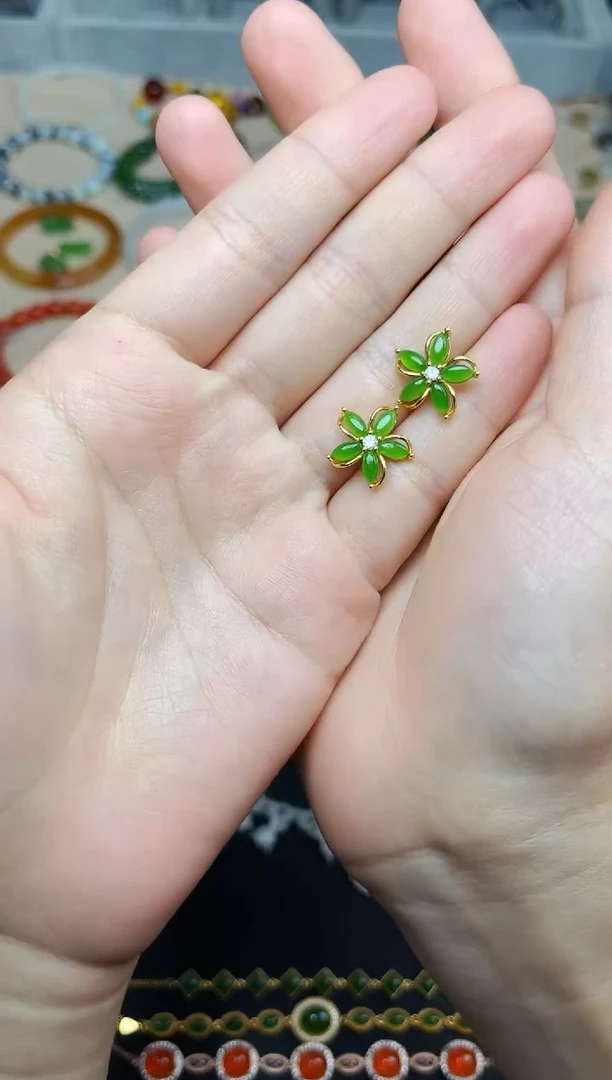和田玉银S925镶嵌耳饰花花耳钉06