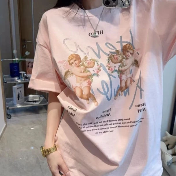墨写手绘印花纯棉短袖2025春夏新款韩系简约t恤女装圆领6378