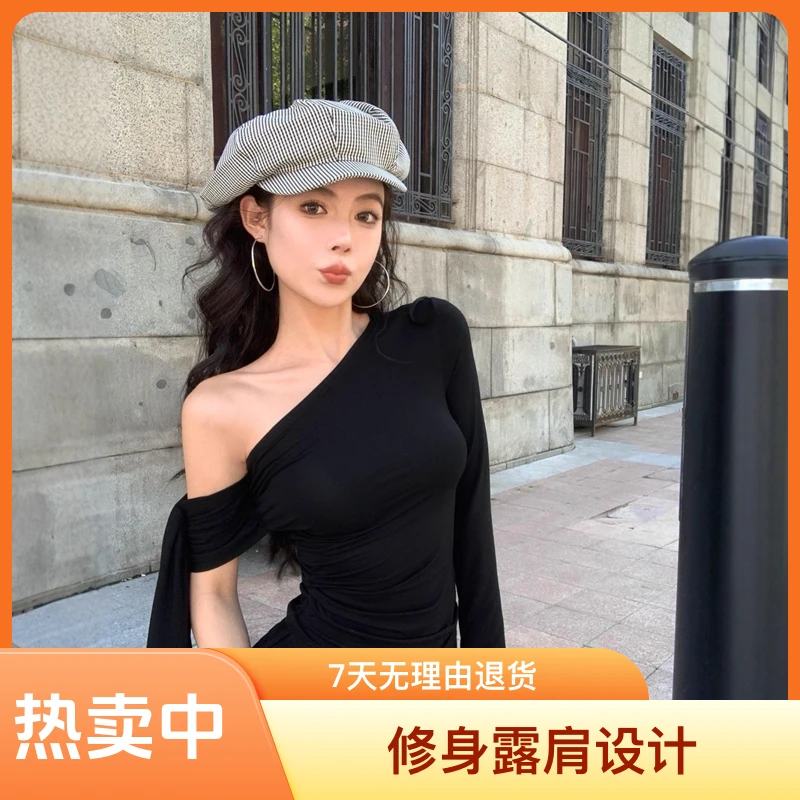斜领实拍 2025秋辣妹风不规则斜肩飘带上衣小众设计感修身露肩打