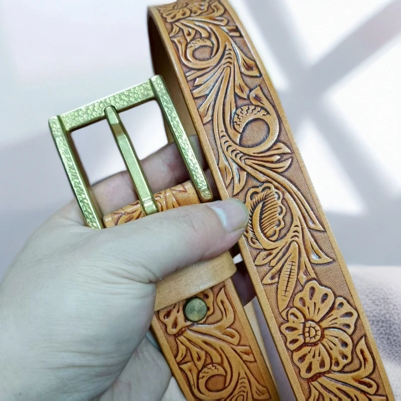 意大利原色头层牛皮+黄铜扣头）整张牛皮切割原色真牛皮手工腰带