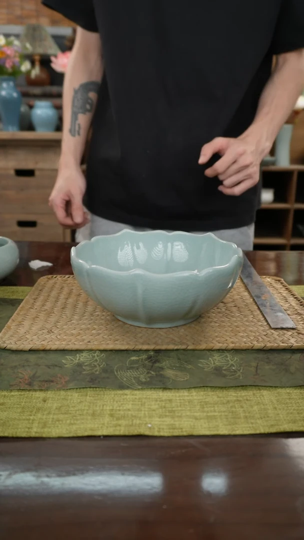 陶瓷一件包邮福禄双莲小号粉青茶洗17cm