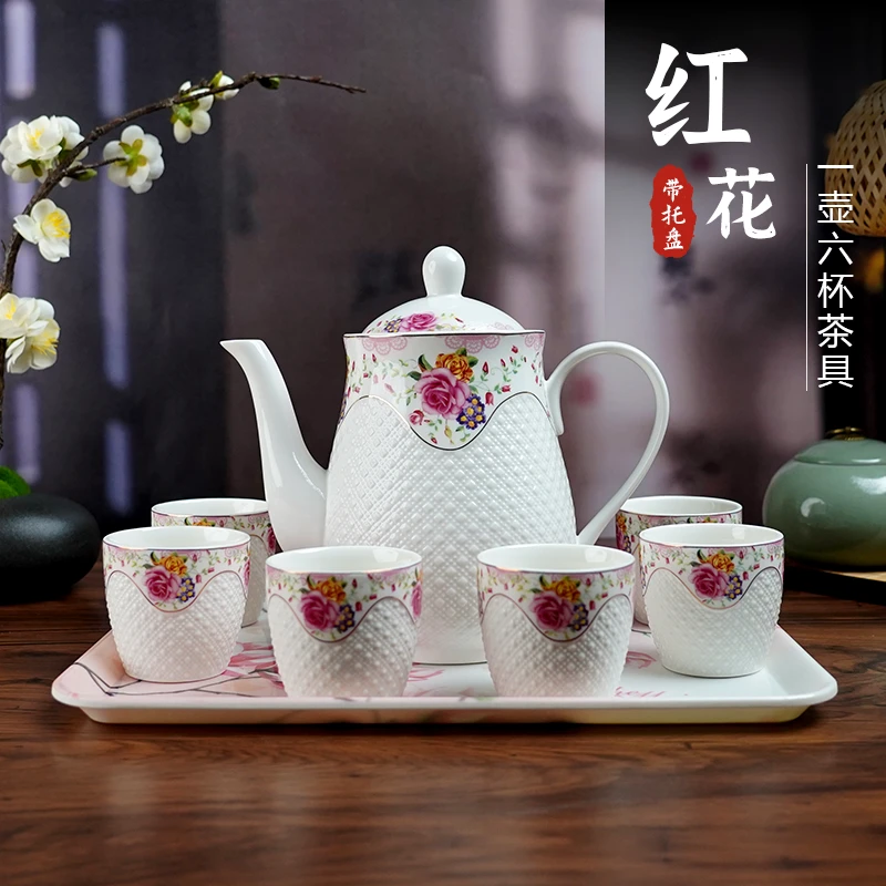 【百善瓷业】红花1壶6杯茶具+1茶壶托盘套装
