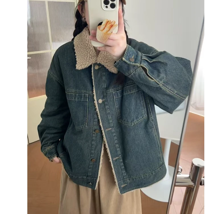 朵儿定制 加绒翻领美式复古牛仔外套IJ37