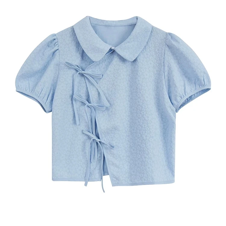 （清货）绑带娃娃领泡泡袖衬衫上衣8832