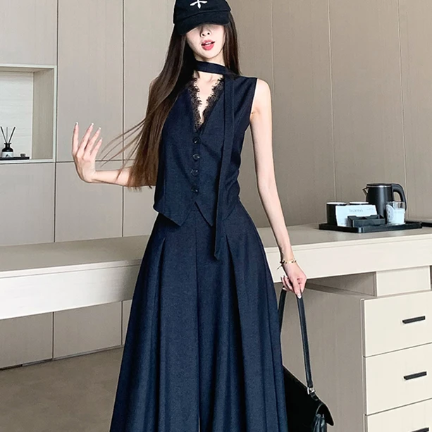 复古百搭牛仔套装女夏季时尚蕾丝马甲上衣高腰阔腿裤裙休闲两件套