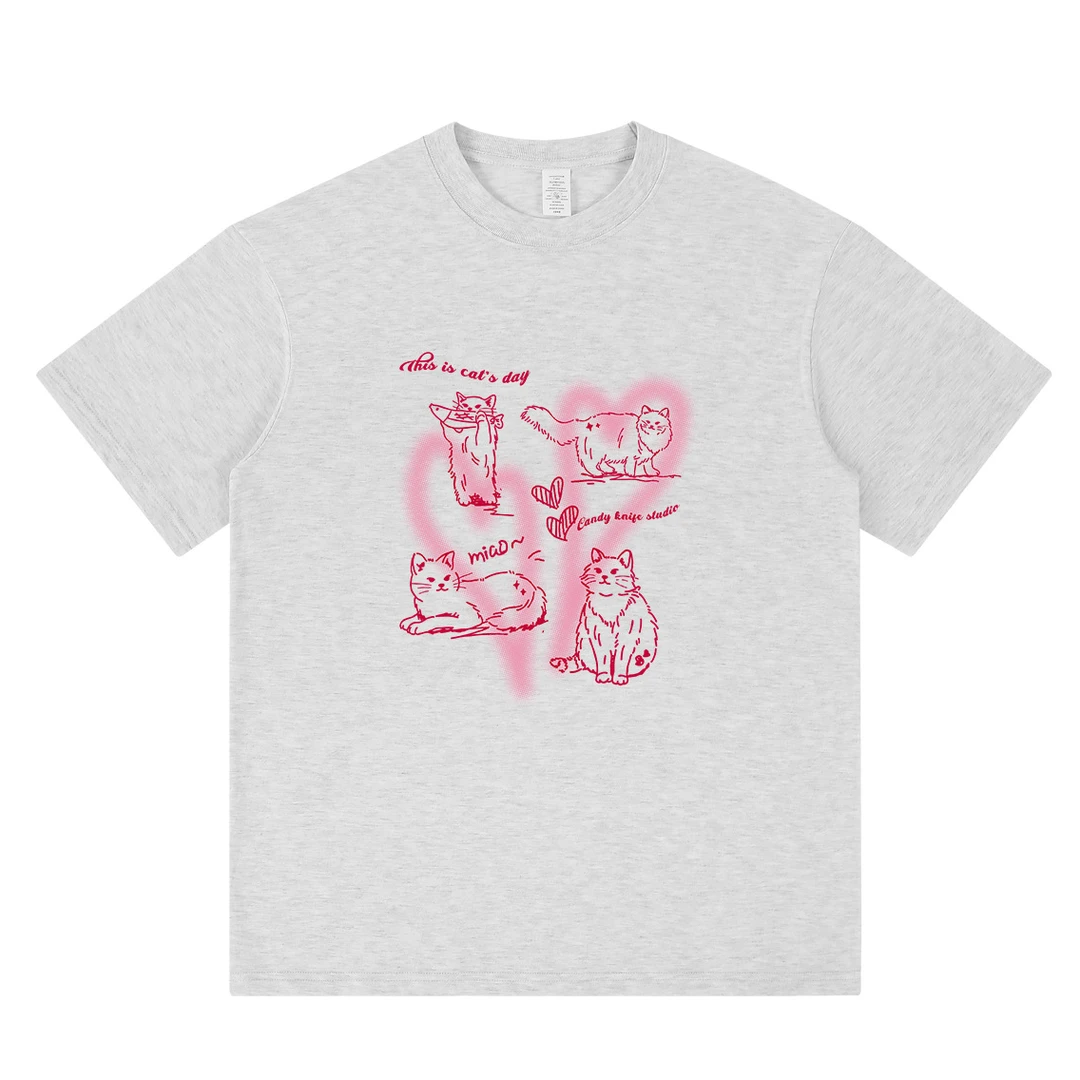 夏季小清新纯棉圆领短袖T恤女夏猫咪卡通爱心印花休闲宽松百搭tee