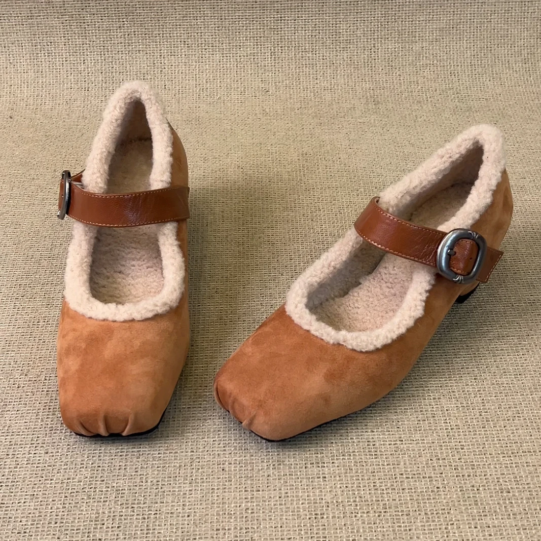 RubyL/5.5cm简约通勤拼接一字扣带方头内增高毛毛玛丽珍鞋女款