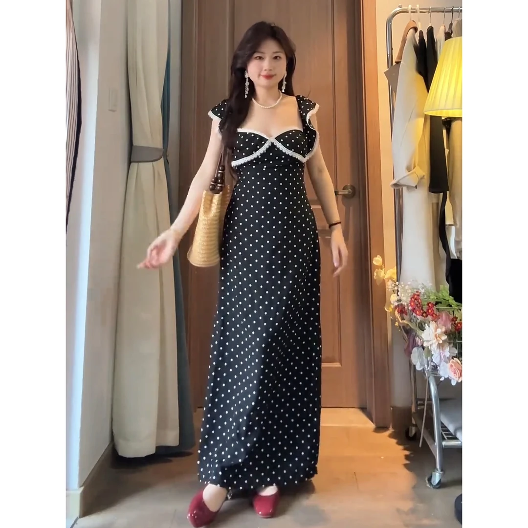 法式方领收腰长裙春微胖MM蕾丝荷叶边波点吊带连衣裙93220#