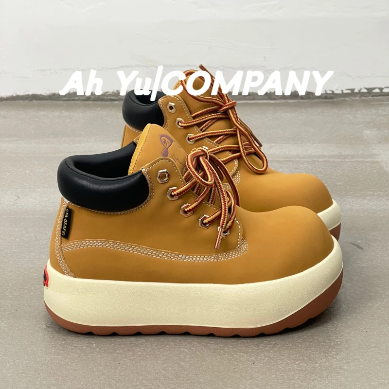 厚底增高大黄靴女秋季新款真皮松糕马丁靴时尚休闲芒果头女式短靴