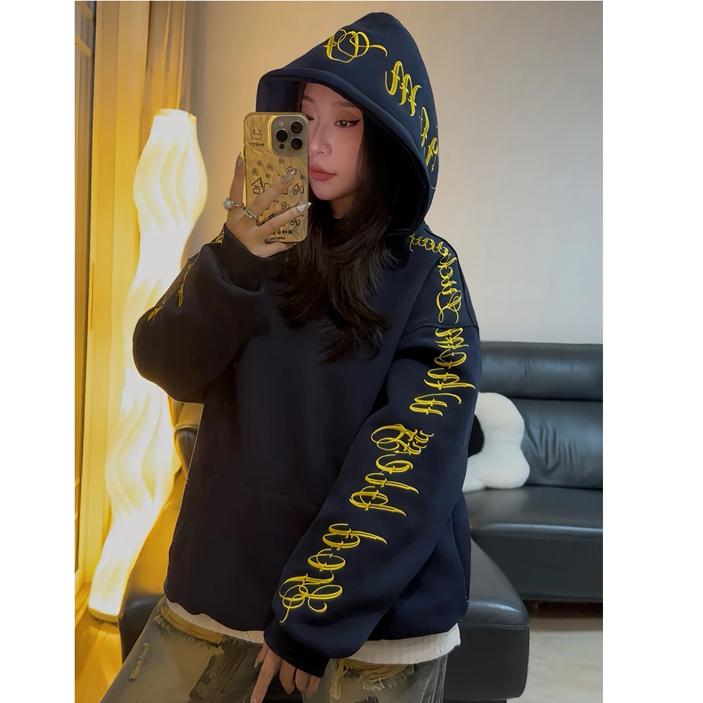 重工字母刺绣韩版连帽卫衣女2025新款早秋慵懒风穿搭情侣上衣