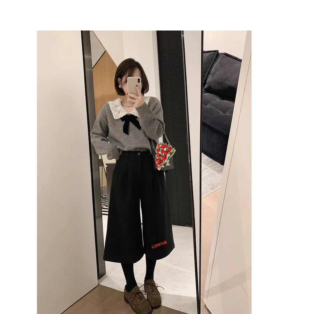 8660#秋冬新款时尚百搭复古毛呢高腰显瘦七分裤小个子款